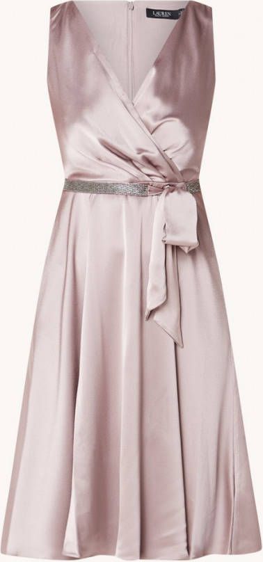 Ralph Lauren Mini jurk van satijn met V hals en ceintuur