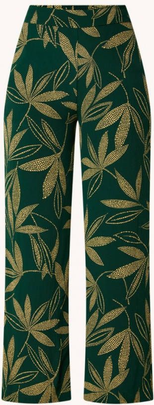 Mango high waist wide leg palazzo broek met bladprint groen/geel
