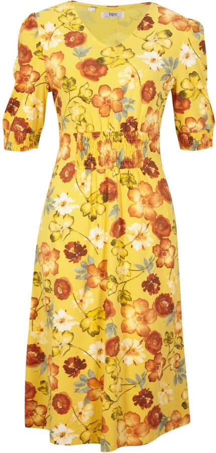 bonprix Knielange jersey jurk met smokwerk en V hals