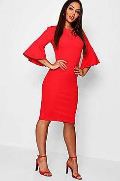boohoo Midi Jurk Met Driekwarts Engelenmouwen En Crewneck, Red