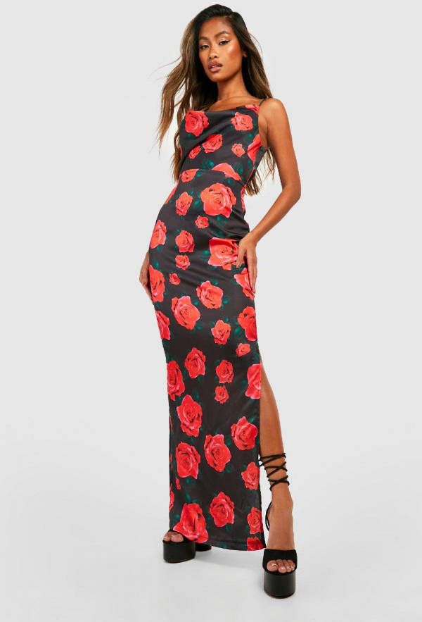 boohoo Assymetrische Bloemen Maxi Jurk, Black