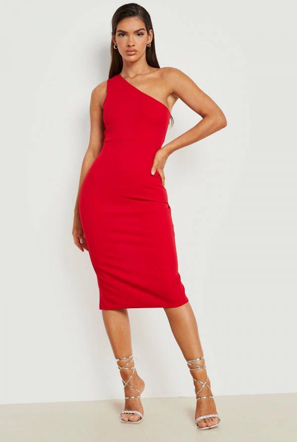 boohoo Assymetrische Gedrappeerde Scuba Midi Jurk, Red