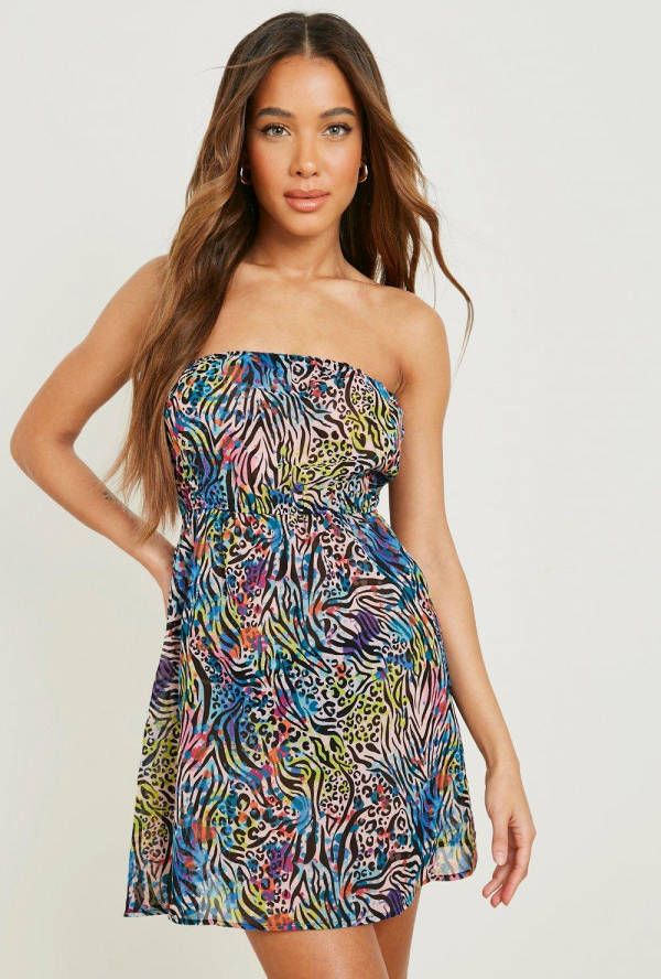 boohoo Bandeau Dierenprint Mini Strand Jurk, Blue