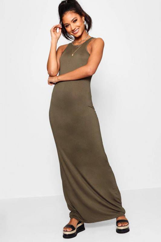 boohoo Basic Maxi Jurk Met Racer Hals, Kaki