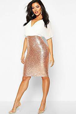 boohoo Top Met Vleermuismouwen En Pailletten En Midi Rok, Rosé, goud