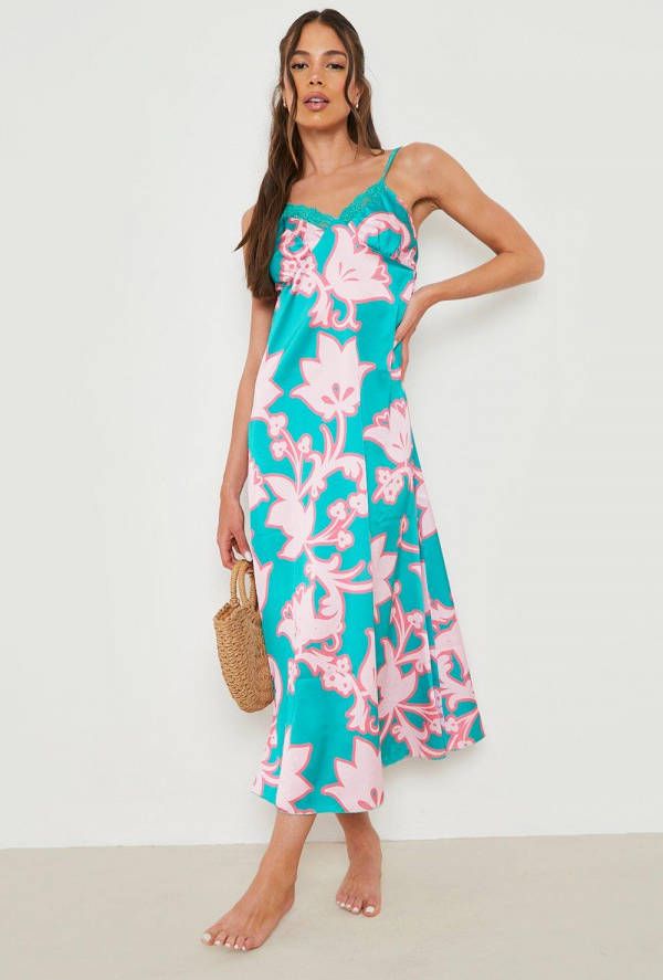 boohoo Bloemen Maxi Jurk Met Kanten Zoom, Green