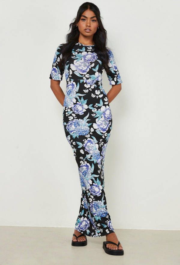 boohoo Bloemen Maxi Jurk Met Open Rug, Blue
