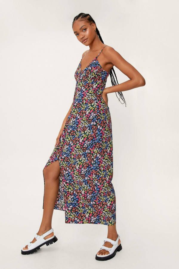 boohoo Bloemen Midi Jurk Met Bandjes En Knopen, Black
