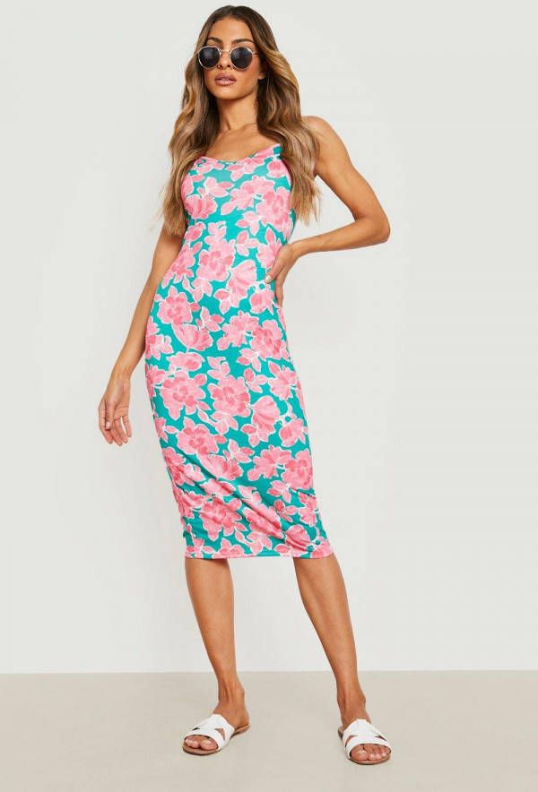 boohoo Bloemen Midi Jurk Met Ruches, Green