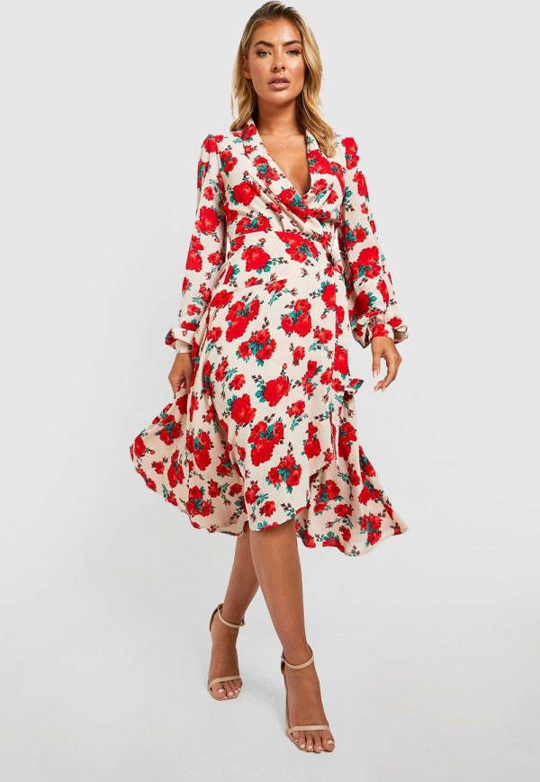 boohoo Bloemen Midi Wikkel Jurk Met Ceintuur, Cream