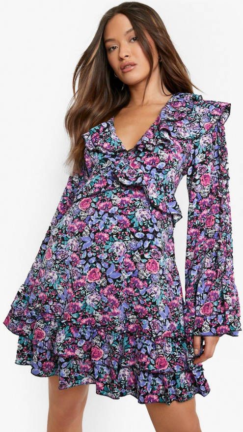 boohoo Bloemen Skater Jurk Met Extreme Ruches, Purple