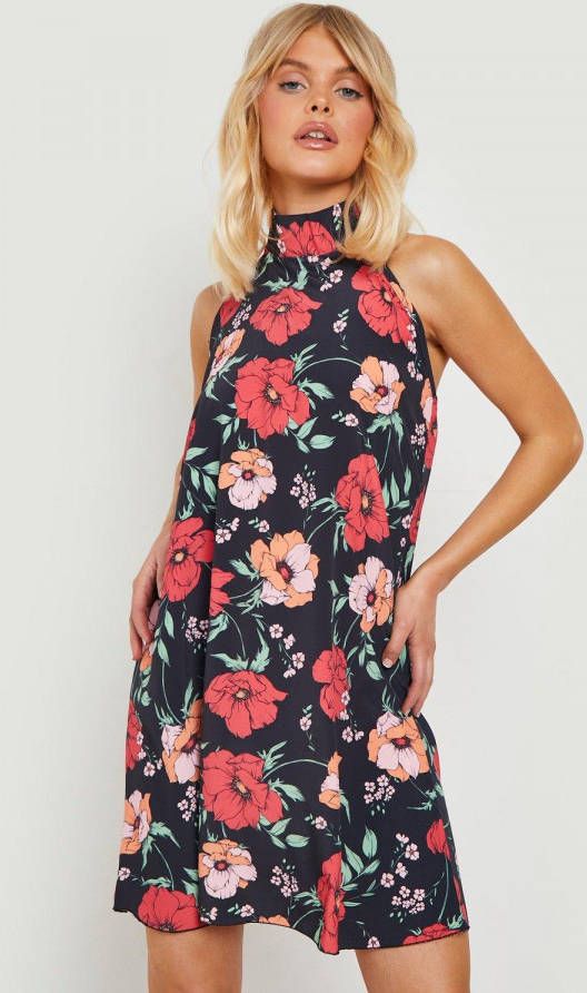 boohoo Bloemen Swing Jurk Met Hoge Hals, Black