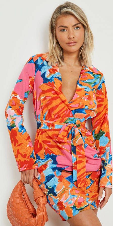 boohoo Bloemen Wikkel Blouse Jurk, Orange