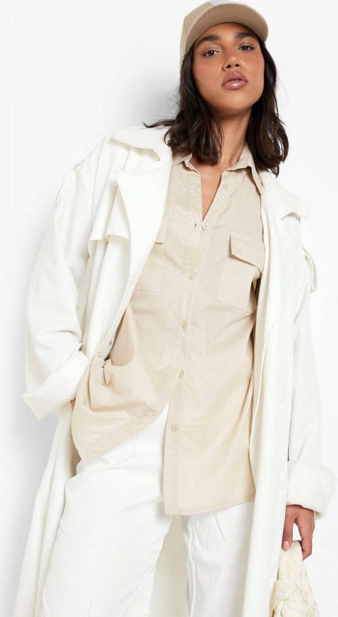 boohoo Boxy Blouse Met Korte Mouwen En Utility Zakken, Stone