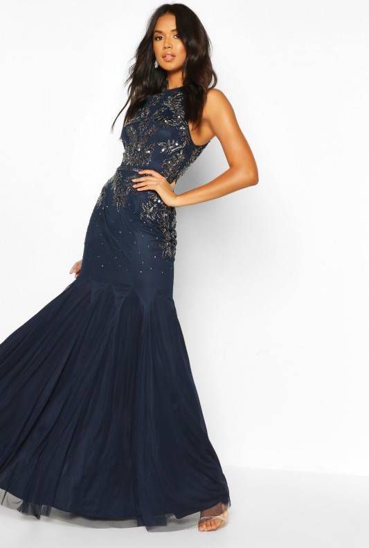 boohoo Met De Hand Versierde Bruidsmeisjes Maxi Jurk Met Halter Neck, Marineblauw