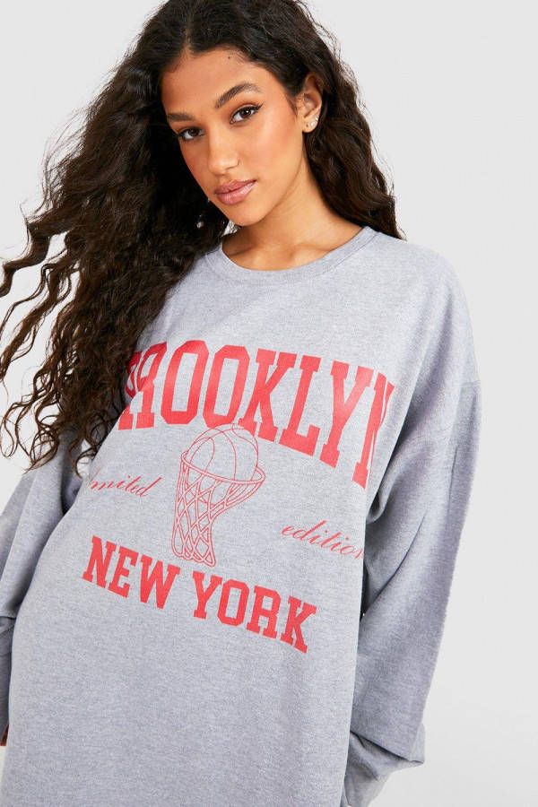 boohoo Brooklyn New York Trui Jurk Met Print, Grey Marl