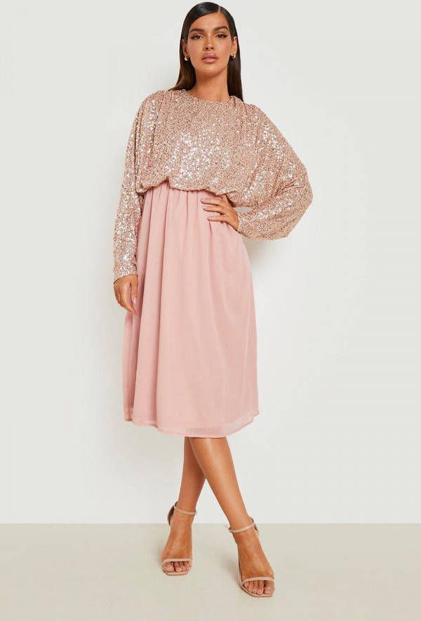 boohoo Bruidsmeisjes Midi Jurk Met Pailletten En Vleermuismouwen, Rose Gold