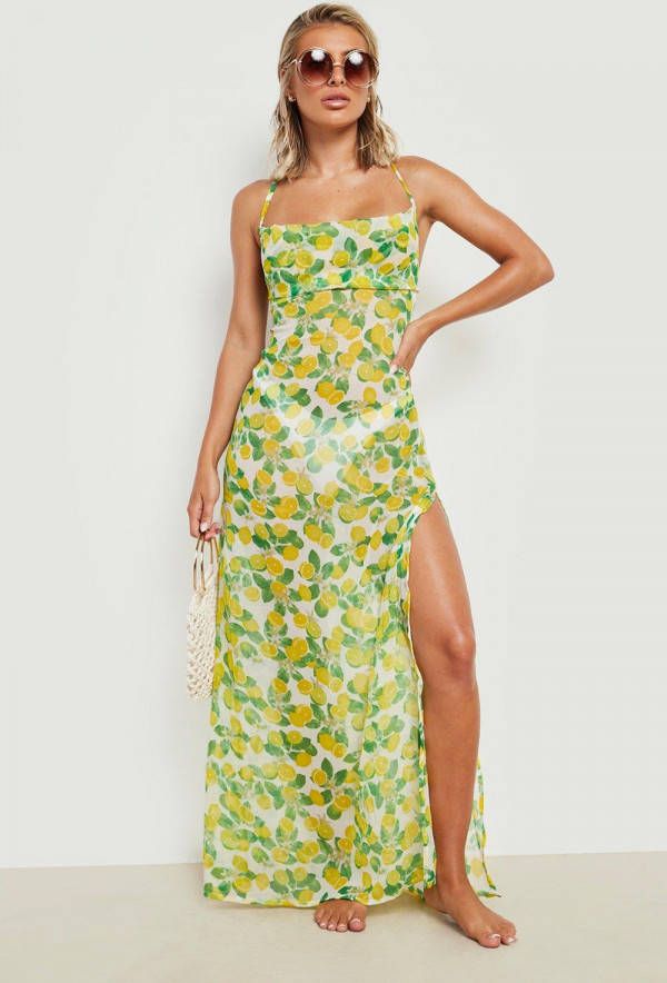 boohoo Chiffon Citroenen Maxi Strand Jurk Met Print En Split, Yellow