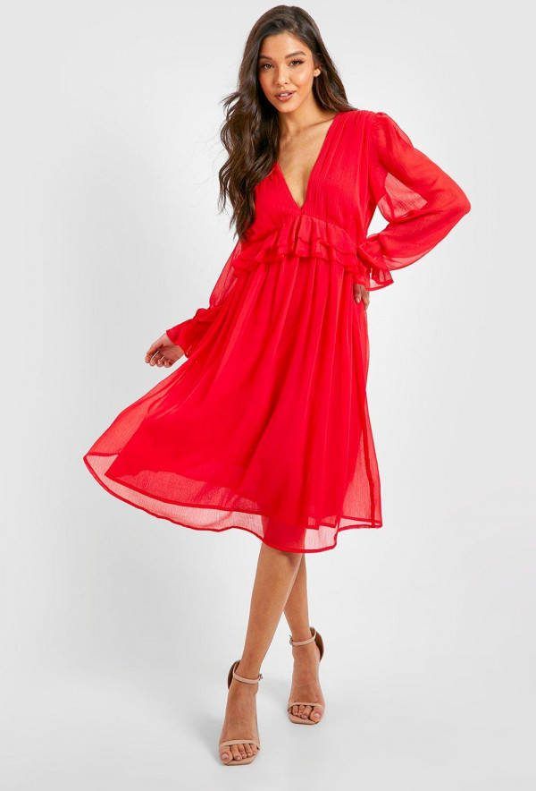 boohoo Chiffon Midi Jurk, Red