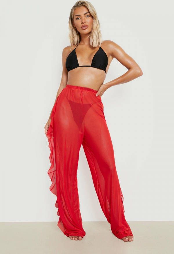 boohoo Chiffon Strand Broek Met Franjes, Red