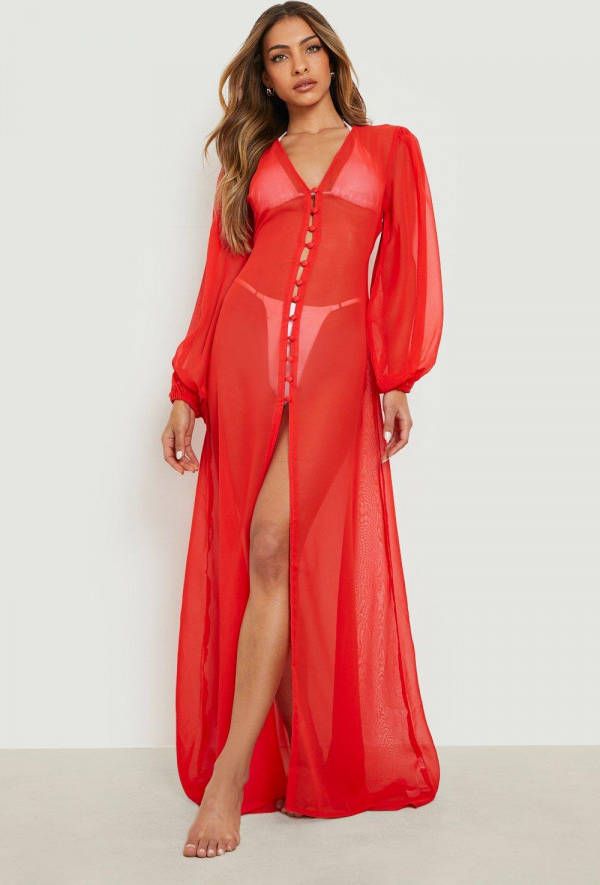 boohoo Chiffon Strand Jurk Met Knopen En Ballonmouwen, Red