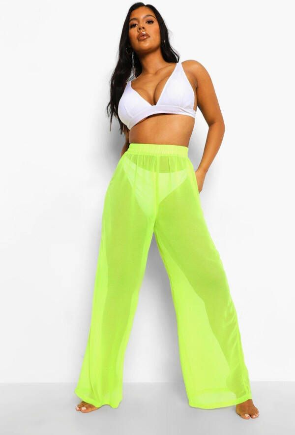 boohoo Chiffon Wide Leg Strand Broek, Neon Lime