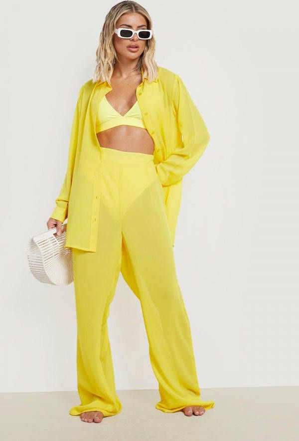 boohoo Chiffon Wide Leg Strand Broek, Yellow
