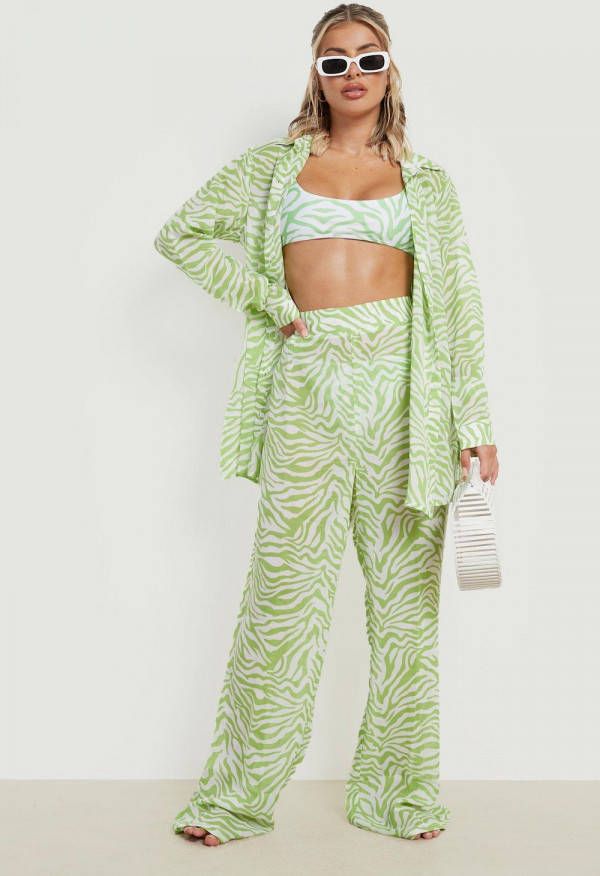 boohoo Chiffon Zebraprint Wide Leg Strand Broek, Green