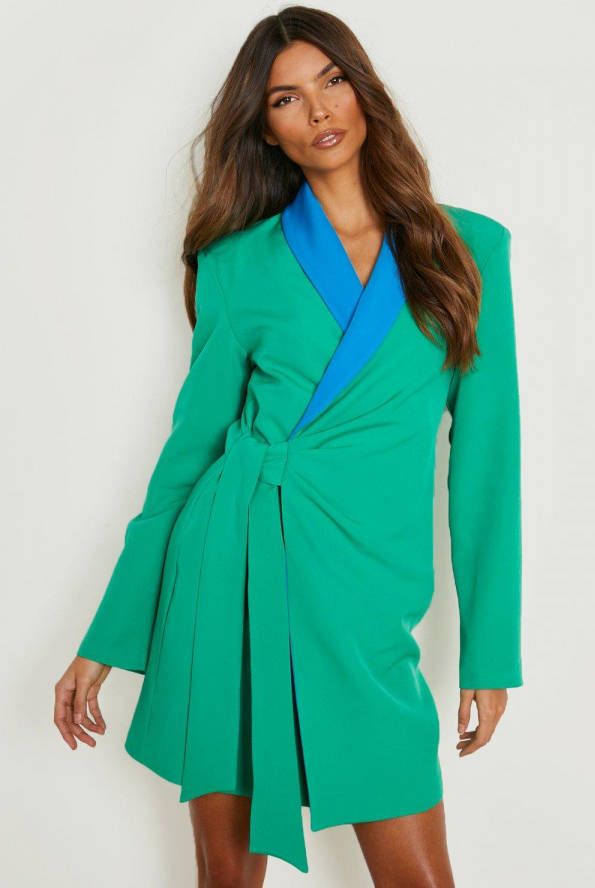 boohoo Colour Block Wikkel Blazer Jurk Met Ceintuur, Green