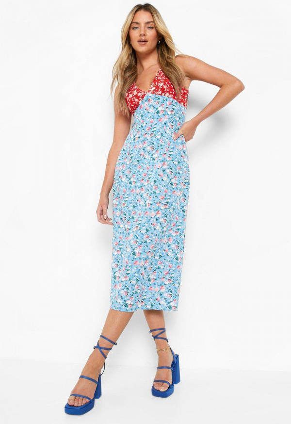 boohoo Contrasterende Bloemen Jurk Met V Hals, Blue