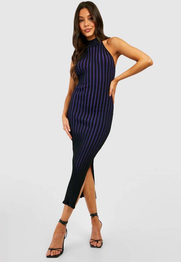 boohoo Contrasterende Geribbelde Gebreide Two Tone Midaxi Jurk, Purple