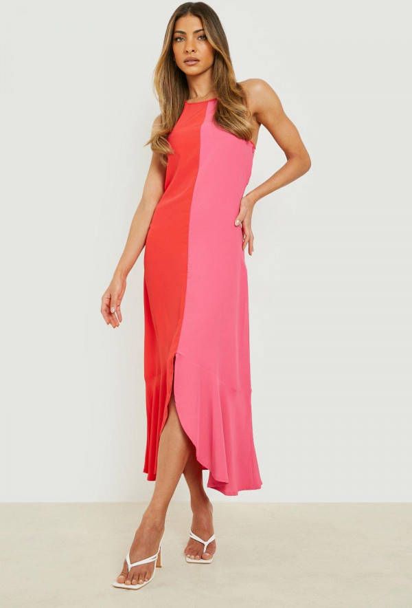 boohoo Contrasterende Midaxi Jurk Met Geplooide Zoom, Red