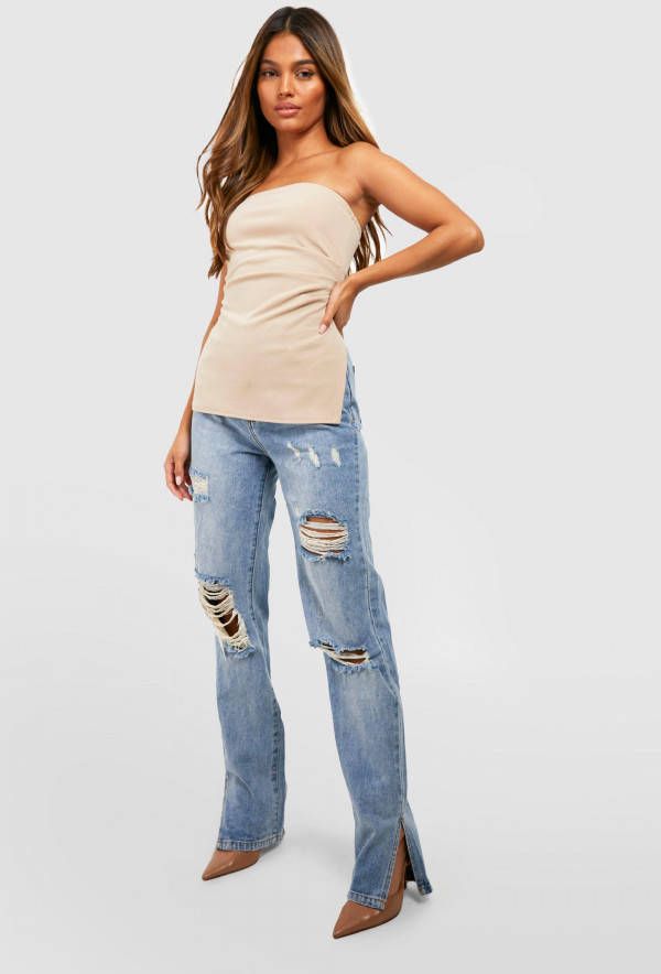 boohoo Crê, pe Bandeau Boobtube Top Met Split, Stone