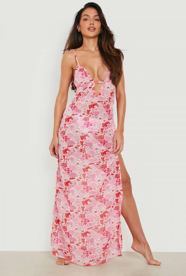 boohoo Cut Out Strand Jurk Met Abstracte Print En Laag Decolleté,, Red