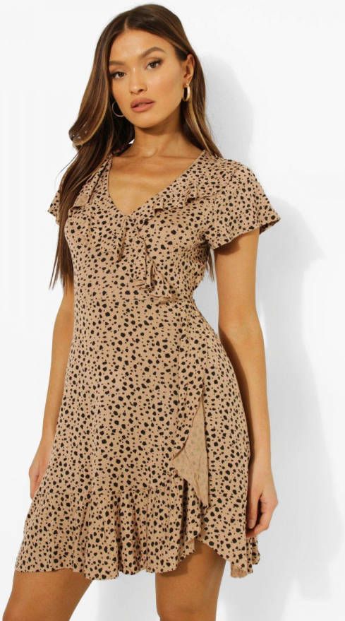 boohoo Dalmatië, rprint Jurk Met Ruches, Stone