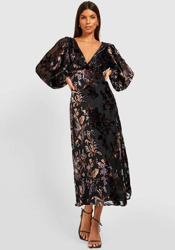 boohoo Devore Midi Skater Jurk Met Ballonmouwen, Purple