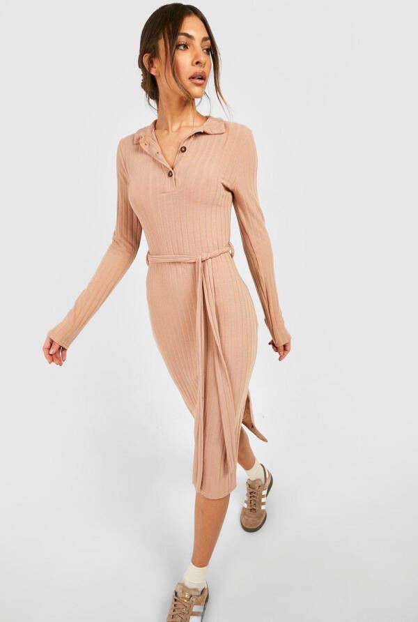 boohoo Dikke Geribbelde Midi Jurk Met Kraag, Stone
