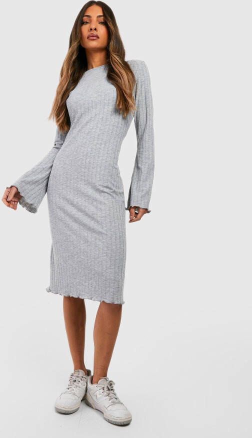 boohoo Dikke Geribbelde Midi Jurk Met Wijde Mouwen, Grey Marl
