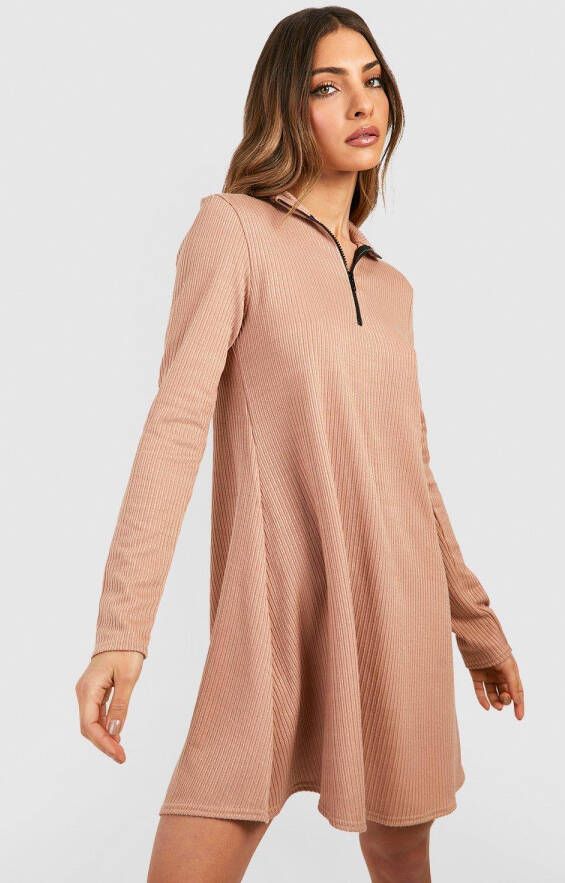 boohoo Dikke Geribbelde Swing Jurk Met Korte Rits, Stone