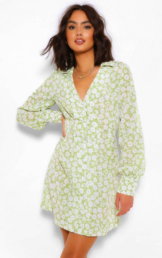 boohoo Bloemenpatroon Blouse Jurk, Olijf