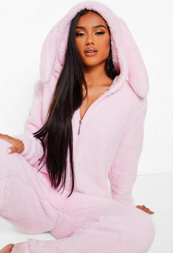 boohoo Fleece One Piece Met Konijnenoren, Pink