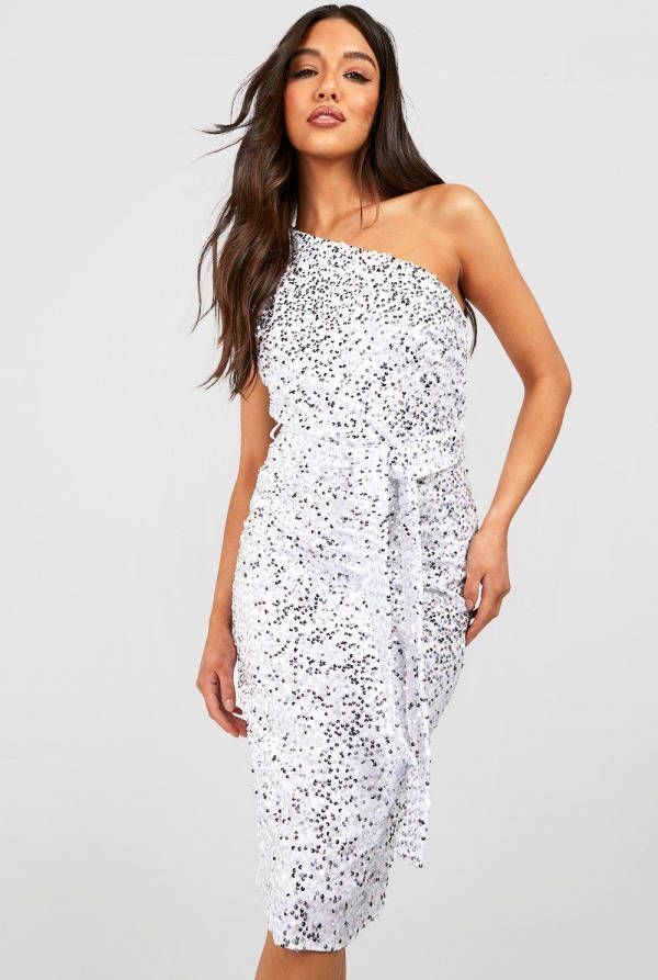 boohoo Fluwelen Asymmetrische Glitter Midi Jurk Met Pailletten En Ceintuur, Silver