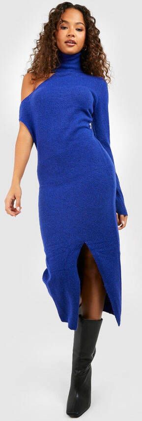 boohoo Gebreide Midaxi Jurk Met Col En Asymmetrische Mouwen, Cobalt