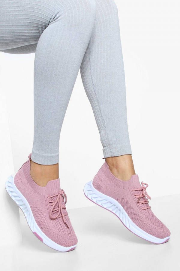 boohoo Gebreide Sokschoenen Met Veters, Pink