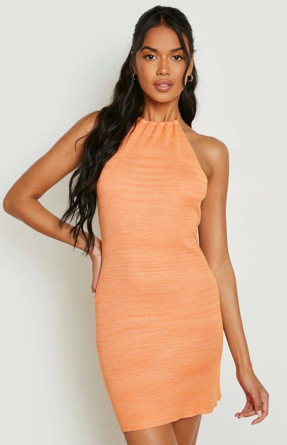 boohoo Gebreide Space Dye Jurk Met Halter Neck, Orange