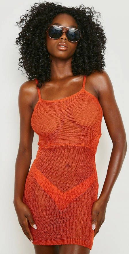 boohoo Gebreide Strand Jurk Met Strik En Laag Decolleté,, Orange