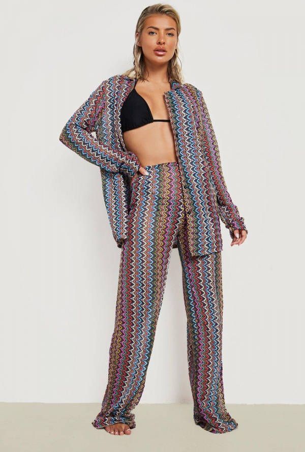 boohoo Gebreide Zig Zag Print Strand Broek, Navy