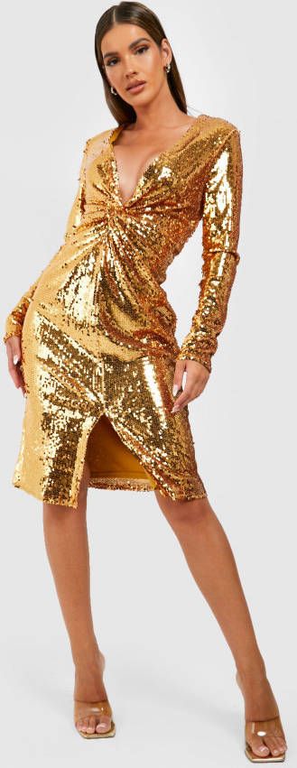 boohoo Gedraaide Glitter Midi Jurk Met Pailletten, Gold