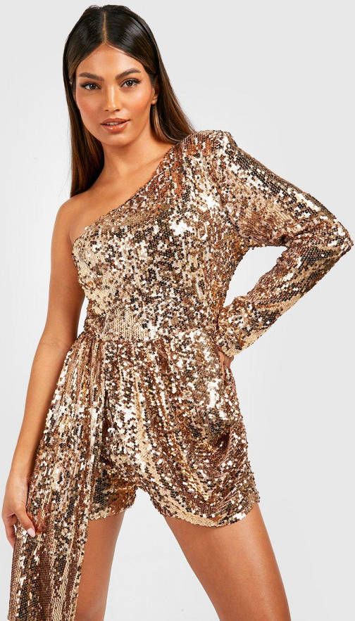 boohoo Gedrapeerde Glitter Romper Met Eé, n Open Schouder En Pailletten, Gold
