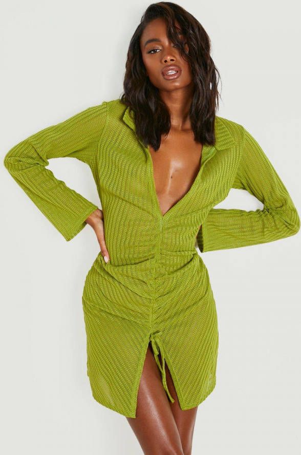 boohoo Gehaakte Geribbelde Geplooide Strand Blouse Jurk, Olive